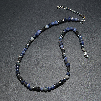 Natural Blue Spot Jasper Round and Lava Rock Column Beaded Necklaces for Men LS-AD4538-3-1