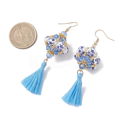 Lantern Glass Seed with Handmade Polyester Cotton Tassel Dangle Earrings EJEW-MZ00671-1