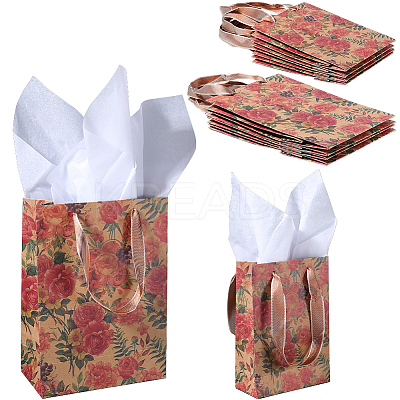 8Pcs 2 Styles Rotro Rose Flower Print Paper Packaging Tote Bags ABAG-BBC0001-32-1