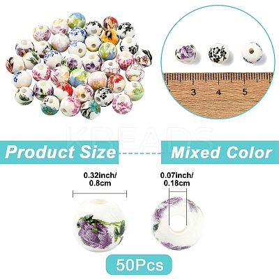 50Pcs 10 Colors Floral Printed Porcelain Beads PORC-YW0001-57-1