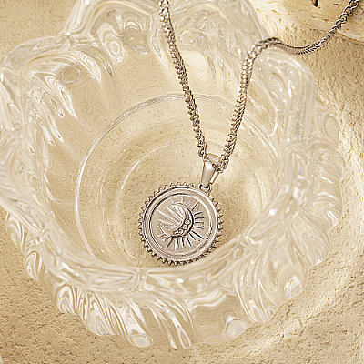 Stainless Steel Micro Pave Clear Cubic Zirconia Sun with Moon Pendant Necklaces for Women GC6303-2-1