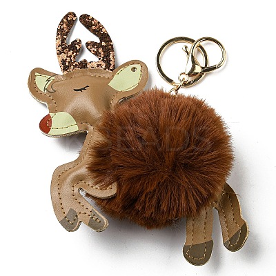 Imitation Rex Rabbit Fur & PU Leather Christmas Reindeer Pendant Keychain LS-KEYC-K018-02KCG-03-1