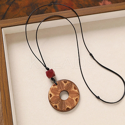 Wood Pendant Black Wax Cord Long Necklaces for Women FS-WG36920-18-1