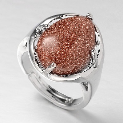 Teardrop Platinum Tone Brass Gemstone Adjustable Wide Band Rings RJEW-L062-02H-1