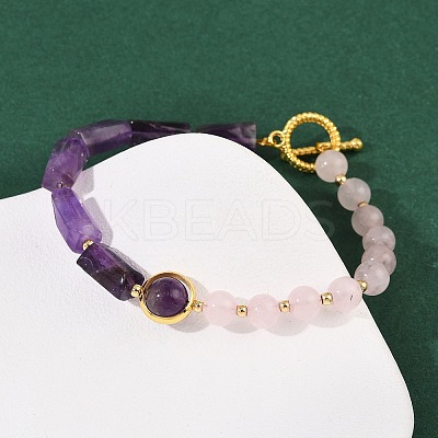 Natural Rose Quartz & Natural Amethyst & Brass Round & Prism Beaded Bracelets for Women BJEW-G752-01G-06-1