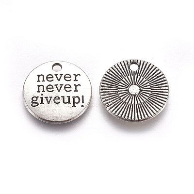 Tibetan Style Alloy Flat Round Carved Word Never Give Up Pendants TIBEP-12585-AS-RS-1