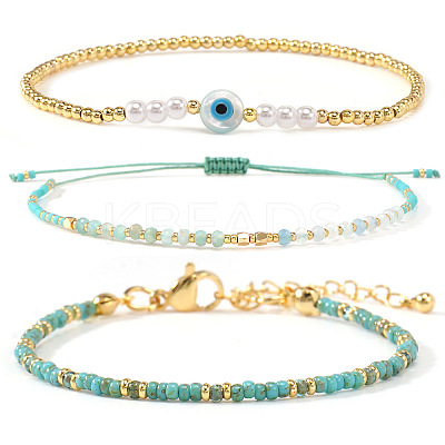 3Pcs 3 Styles Brass & Glass & Natural Green Aventurine Beaded Braclet Set WN5918-2-1