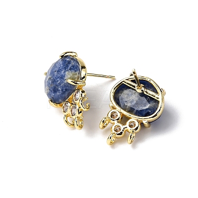 Brass Micro Pave Cubic Zirconia Stud Earring Findings with Natural Sodalite KK-Z096-05G-11-1