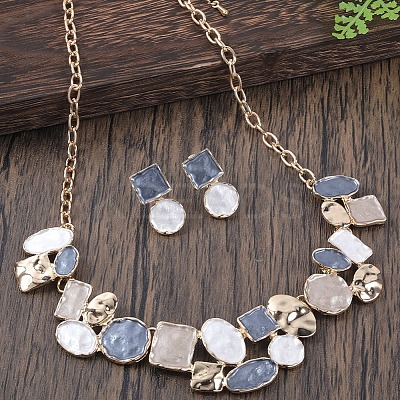 Flat Round & Oval & Square Zinc Alloy Enamel Pendant Necklaces & Stud Earrings Sets WG42338-04-1