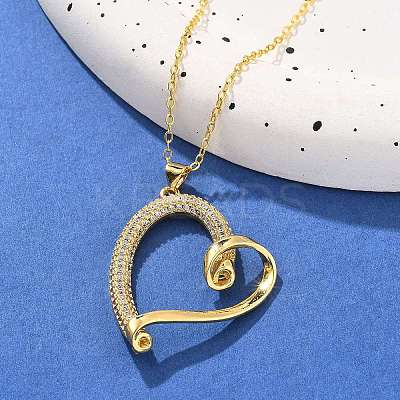 Brass Micro Pave Clear Cubic Zirconia Heart Pendant Necklaces for Women NJEW-R027-01G-02-1