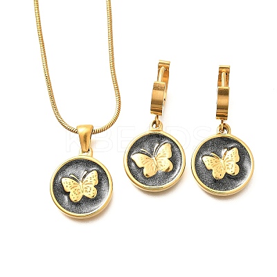 304 Stainless Steel Enamel Pendant Necklaces & Hoop Earring Set for Women SJEW-C007-03G-01-1
