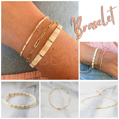 3Pcs 3 Styles 304 Stainless Steel Paperclip Chain Bracelets & Glass Seed Bead Stretch & Slider Bracelets for Women SL8246-1-1