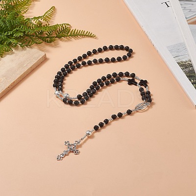 Natural Lava Rock & Synthetic Turquoise Rosary Bead Necklace NJEW-JN04238-1