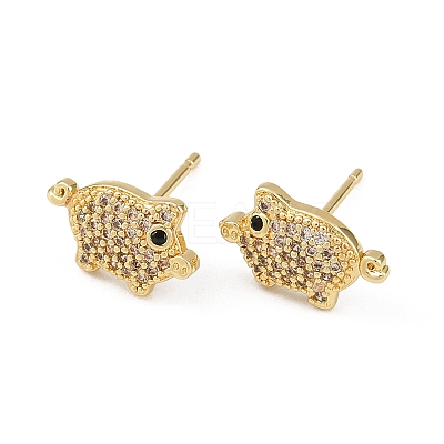 Brass Micro Pave Clear Cubic Zirconia Pig Stud Earrings EJEW-F400-07G-1