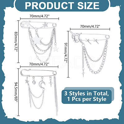 3Pcs 3 Styles Star & Moon Alloy Rhinestone Safety Pin JEWB-HY0001-46-1