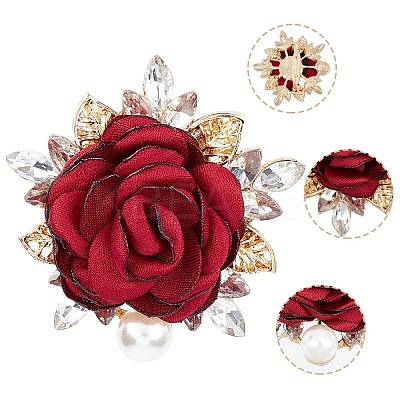 Cloth Rose with Crystal Rhinestone Brooch Pin JEWB-WH0028-12LG-1