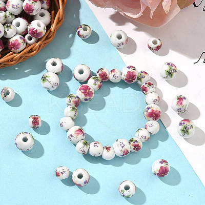 100Pcs 2 Styles Floral Printed Porcelain Beads PORC-SP0001-07-1