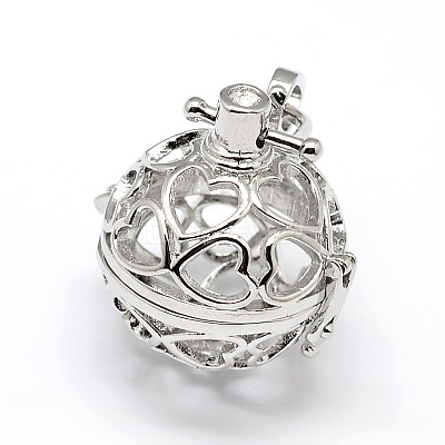 Filigree Round with Heart Brass Cage Pendants KK-N0092-03M-NR-1