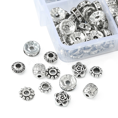 255Pcs 6 Style Iron Rhinestone & Tibetan Style Alloy Spacer Beads DIY-FS0004-07-1