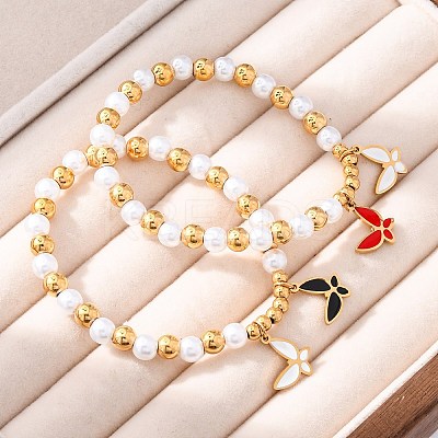 201 Stainless Steel Round Beaded Stretch Bracelets BJEW-C090-03G-D-1