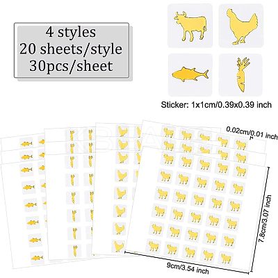 80 Sheets 4 Style Cartoon Carrot & Rooster & Fish & Cow Meal Stickers DIY-OC0008-68A-1