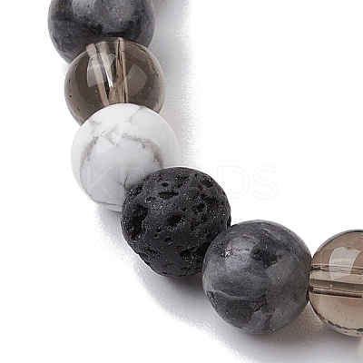 8.5mm Round Natural Larvikite & Howlite & Synthetic Smoky Quartz & Natural Lava Rock  Bead Stretch Bracelets for Women BJEW-JB10944-03-1