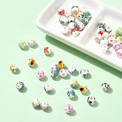 50Pcs 10 Colors Floral Printed Porcelain Beads PORC-YW0001-57-1