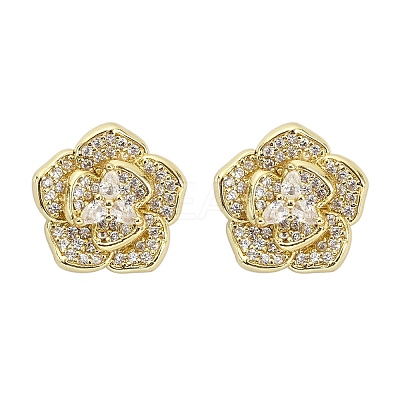 Flower Brass Micro Pave Clear Cubic Zirconia Stud Earrings EJEW-M082-19G-1