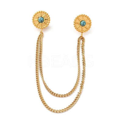 304 Stainless Steel Pave Dyed Synthetic Turquoise Hanging Chain Brooch JEWB-S021-04G-03-1