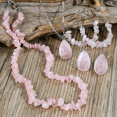 Bohemian Style Natural Rose Quartz Teardrop Pendant Necklaces & Chip Beaded Necklaces & Hoop Earrings & Dangle Earrings Sets WG11994-04-1