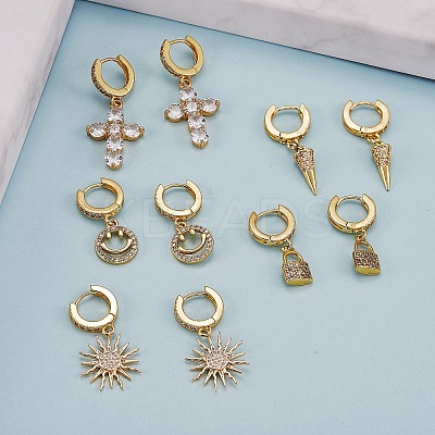 Clear Cubic Zirconia Padlock Drop Huggie Hoop Earrings EJEW-SW00005-06-1