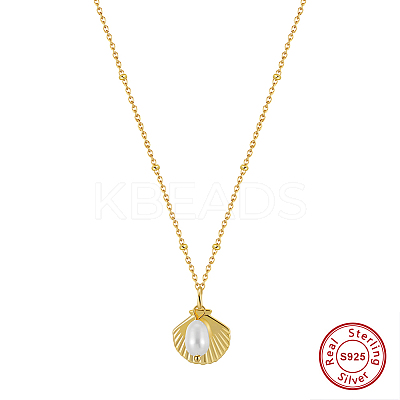 Summer Beach 925 Sterling Silver with Rice Natural Freshwater Pearl Shell Shaped Pendant Necklaces for Women NJEW-M097-01G-1