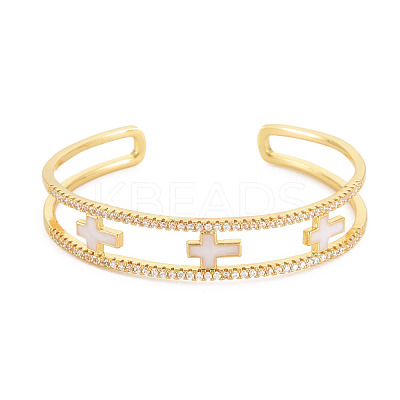 Clear Cubic Zirconia Cross Open Cuff Bangle with Enamel BJEW-S141-025-1