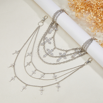 2Pcs 2 Styles Cross Charm Alloy 3 Layer Chain Belts for Pants AJEW-HS0001-18-1
