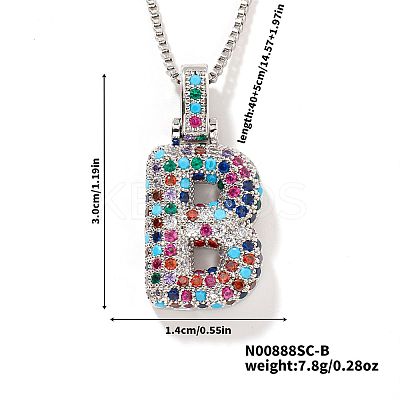 Brass Pave Colorful Cubic Zirconia Letter Pendant Box Chain Necklaces NU0575-28-1