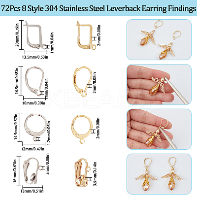 72Pcs 8 Style 304 Stainless Steel Leverback Earring Findings STAS-SC0007-57-1
