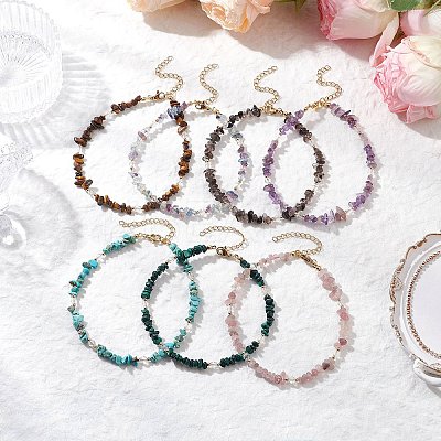 Natural Mixed Gemstone Chip & Glass Beaded Anklets AJEW-AN00682-1