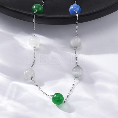 304 Stainless Steel Cat Eye Round Beads Handmade Chain Necklaces for Women NJEW-C073-01P-07-1