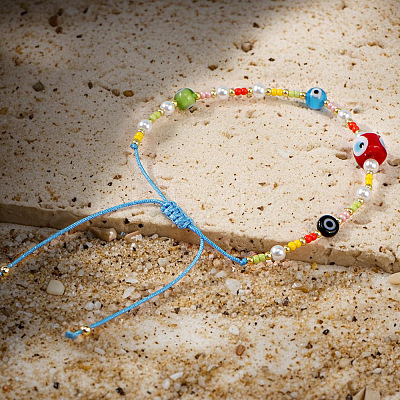Imitation Pearl Round & Glass Evil Eye Braided Beaded Bracelets CU5744-1