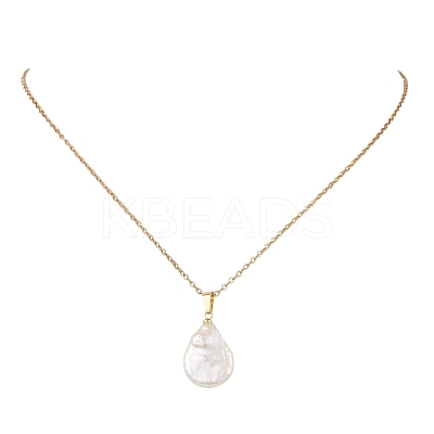 Baroque Natural Keshi Pearl Teardrop Pendant 304 Stainless Steel Cable Chain Necklaces for Women NJEW-JN05961-1