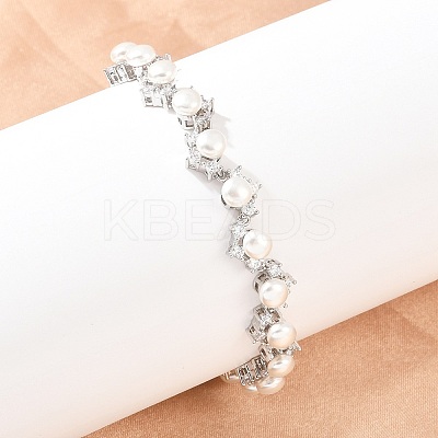 Platinum Tone Brass Micro Pave Cubic Zirconia & Plastic Pearl Tennis Bracelets BJEW-B160-16P-1