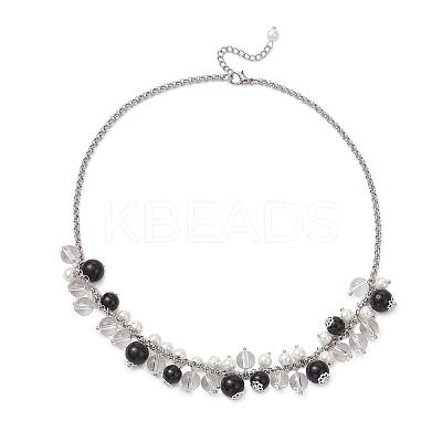 3Pcs 3 Colors Round Glass Beaded Bib 304 Stainless Steel Rolo Chain Necklaces NJEW-JN05359-1
