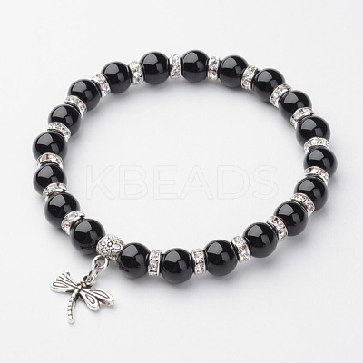 Natural Dyed & Heated Black Agate Charm Bracelets BJEW-G527-A02-1