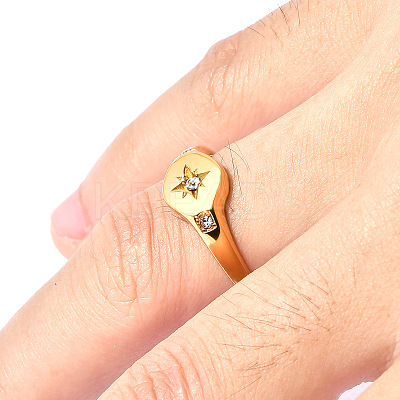 Flat Round with Star Pattern 304 Stainless Steel Micro Pave Clear Cubic Zirconia Finger Rings FS-WG7CEF6-02-1
