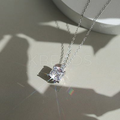 925 Sterling Silver Pave Clear Cubic Zirconia Square Pendant Necklaces NJEW-G172-02P-1