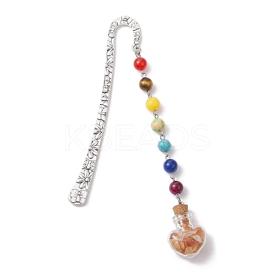7 Chakra Gemstone Bead & Natural Red Aventurine Glass Heart Wishing Bottle Pendant Bookmarks AJEW-JK00313-03-1