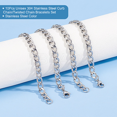 10Pcs Unisex 304 Stainless Steel Curb Chain/Twisted Chain Bracelets Set STAS-UN0048-40-1