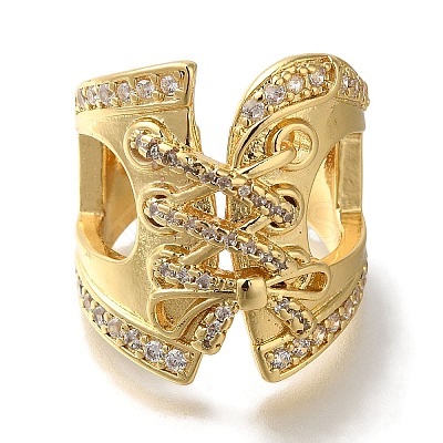 Rack Plating Shoelace Shape Brass Clear Cubic Zirconia Wide Open Cuff Rings RJEW-S411-14G-1