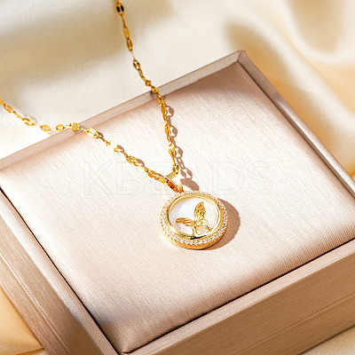 Brass Clear Cubic Zirconia Flat Round Butterfly Pendant Dapped Chain Necklaces for Women WA9125-1