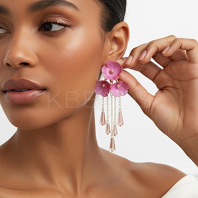 Alloy Glass Flower Stud Dangle Earringsl WG533F3-01-1